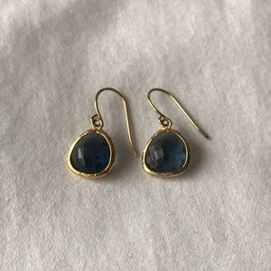 Blue stone earrings with gold colored enclosure.